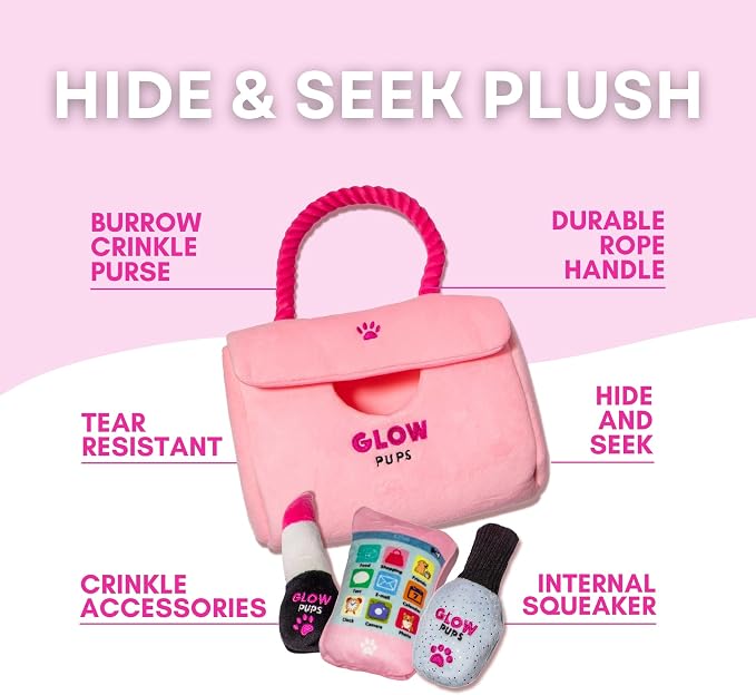 Glow Pups Dog Hide and Seek Purse Toy for Dog, Pink Purse Dog Toys Filled with Squeakers & Crinkle Material, Interactive Plush Lipstick, Dog Phone e & Nail Polish Toys for Small Dogs - Pink/Fuchsia