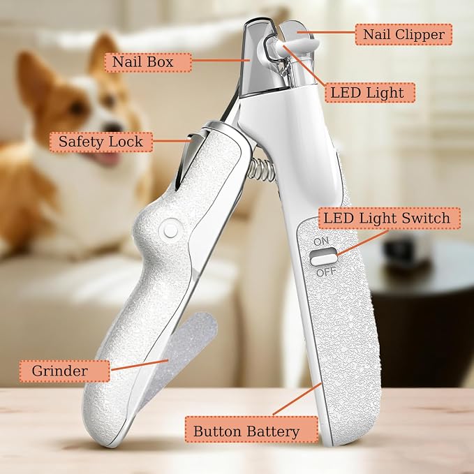 LED Dog Nail Clippers with Light and Nail Catcher - Pet Nail Trimmer with Safety Guard, Ergonomic Leatherette Handle, Rotating File for Small Medium Dogs Cats