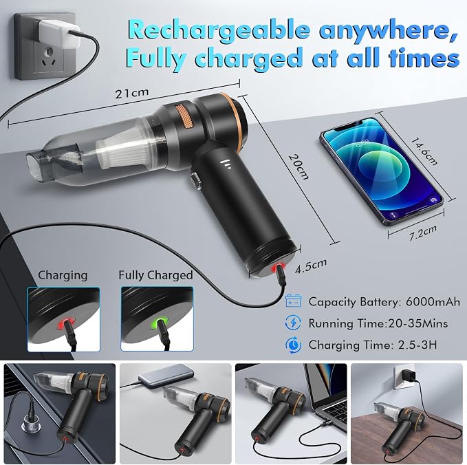 80,000RPM Cordless Car Vacuum & Air Duster 4-in-1 High Power 20000PA Handheld Blower/Pump with Brushless Motor, LED Power Display, 3 Speed for Home/Camping/Pet Hair (Black Gold)