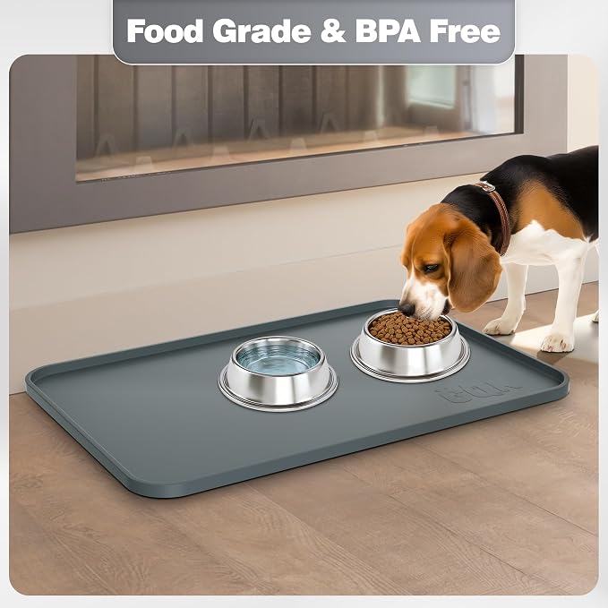 Silicone Dog & Cat Food Mat with Raised Edge, 20"x14" Extra Thick Waterproof Non-Slip Pet Feeding for Food and Water Bowls, Spill Proof Mat to Protect Floors, BPA Free Dishwasher-Safe,Gray