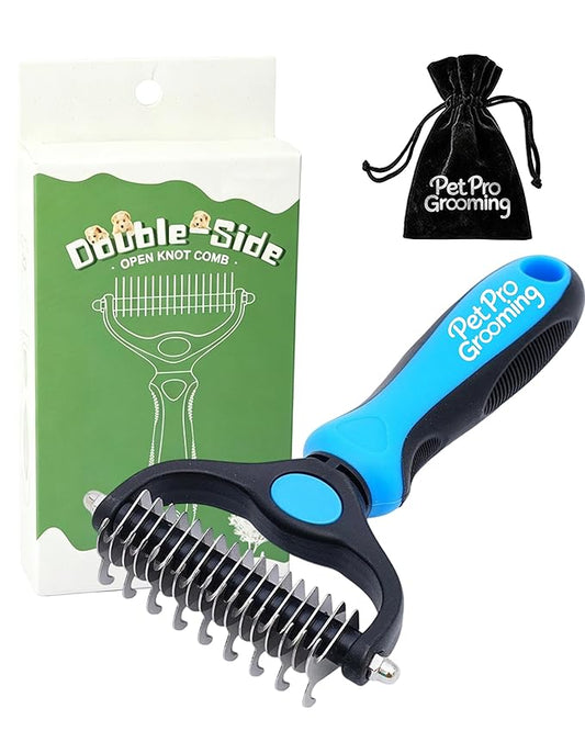 Tool, 2-In-1 Deshedding Dog Brush, Double-Sided Grooming Tool for Thick Coats, Rounded-Tooth Comb for Painlessly Removing Knots and Loose Hair (Blue-Large)