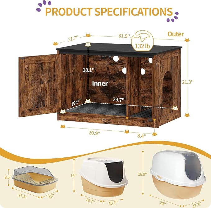 Hzuaneri Cat Litter Box Enclosure with Cushion, Hidden Litter Box Furniture with Removable Dividers, Reversible Entrance Left or Right Side, Cat House, Rustic Brown and Black CB84601X