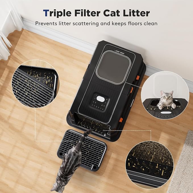 FURTIME Stainless Steel Litter Box with Lid, XL Extra Large Enclosed Cat Litter Box for Big Cats, Metal Cat Box with High Sided Enclosure & Scoop, Front & Top Entry, Odor Free, Anti-Leakage, Black