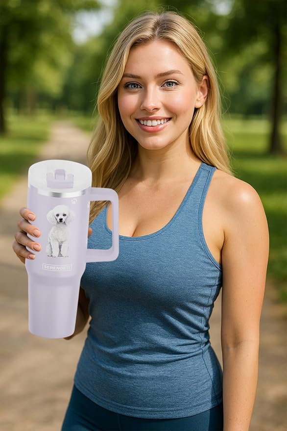 E&S Pets SERENGETI 40 Oz Ultimate Tumbler with Handle and Straw - Vacuum Insulated Tumbler with Straw and Lid - Stainless Steel Travel Mug for Pet Lovers - 3D Designs of your favorite Dog (Poodle)