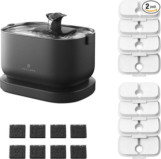Bundle of PETLIBRO Cat Water Fountain, Cordless Pet Water Fountain Battery Operated+8 Packs Replacement Filters for Dockstream Cat Water Fountain WF005 WF115 WF105, 4 Months Set of Replacement Filters