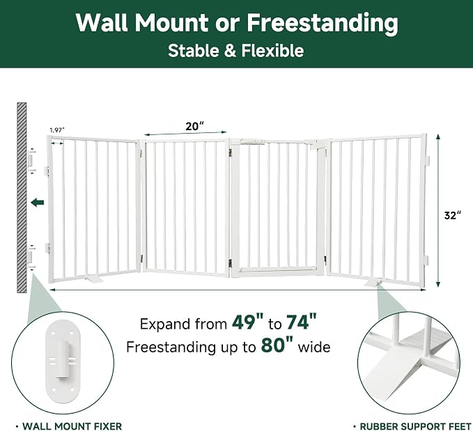 Snagle Paw Metal Freestanding Dog Gate with Door, 80” W x 32” H Dog Fence with Support Feet for Doorways, Stairs and Hallways, Portable Pet Gate for Indoor Use (4 Panel, White)