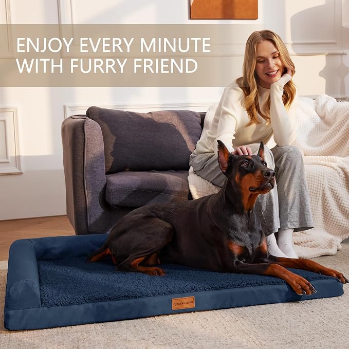 Patas Lague Orthopedic XL Dog Bed Large Sized Dog 48''X30'', Waterproof L Bolster Big Large Pet Sofa Beds with Removable Washable Cover, Soft Pet Couch Crate Mat with Nonskid Bottom, Navy Blue