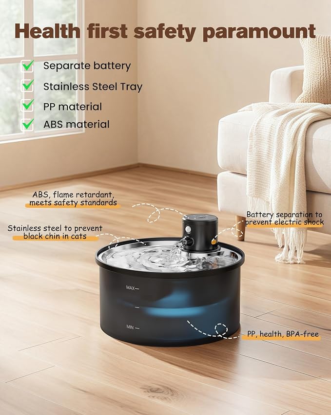 Battery Operated Cat Water Fountain: Wireless Pet Fountain with Filter | 108oz/3.2L Cordless Cat Dispenser with Motion Sensor Rechargeable Automatic Drinking Fountains for Cats Indoor -Plastic model