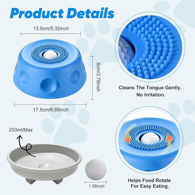 Dog Cat Lick Bowl with Rolling Ball, Slow Feeder Interactive Silicone Bowl with Suction Cup Base, Chew-Resistant for Wet Food & Treats, Easy Clean, 8.5oz/250ml, Blue