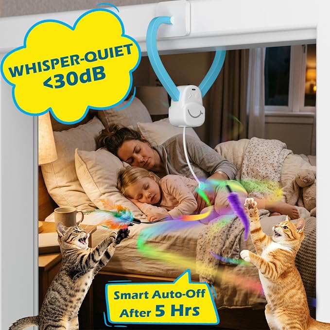 Smart Automatic Door Hanging Cat Toy for Indoor Cats - Electric Interactive Feather Wand, Mouse & Worm Set, 360° Rotating, Type-C Rechargeable, Quiet Self Play Enrichment for Bored Kittens