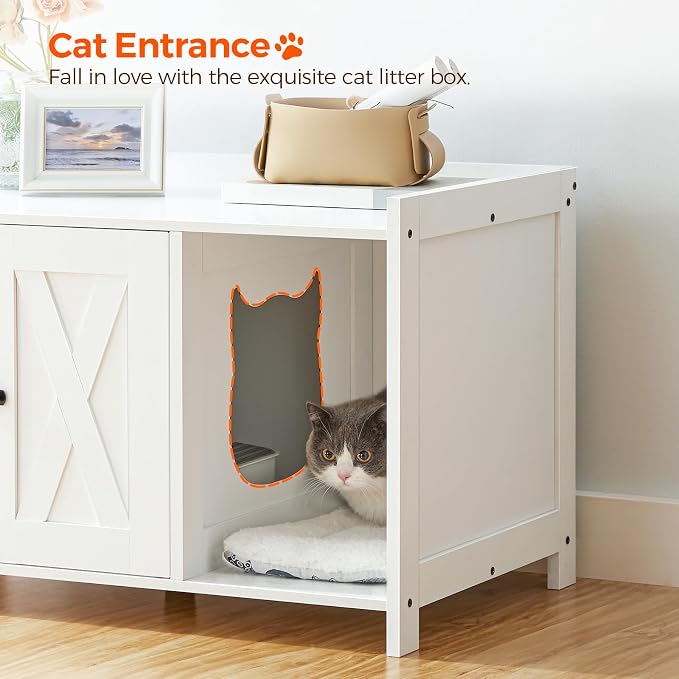 MAHANCRIS Cat Litter Box Enclosure, Hidden Litter Box Furniture with Divider, Indoor Cat House, Wooden Cat Washroom Storage Cabinet Bench, Side End Table Nightstand, White CWWT2501