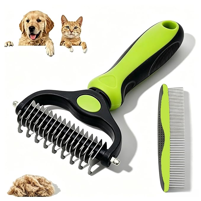 Double-sided Deshedding Pet Brush - Dual-Sided, Ergonomic & Gentle for Dogs & Cats, 2027 New Dematting Comb for Dogs Cats for Matted Fur (Green)