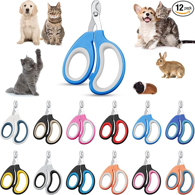 Therwen 12 Pcs Cat Nail Clipper Bulk Cat Nail Trimmer Kitten Claw Clippers Pet Nails Cutter Claw Care for Cats Kittens Bunny Puppy Rabbit Gatos Sharp Safer (Moon-Shaped,Multiple Colors)