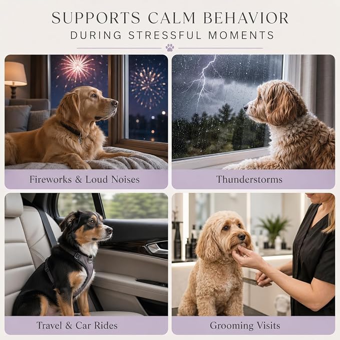 Calming Chews for Dogs – Soft Chews with Melatonin & Natural Calming Blend to Support Relaxed Behavior During Fireworks, Thunderstorms, Grooming & Travel, 60 Count