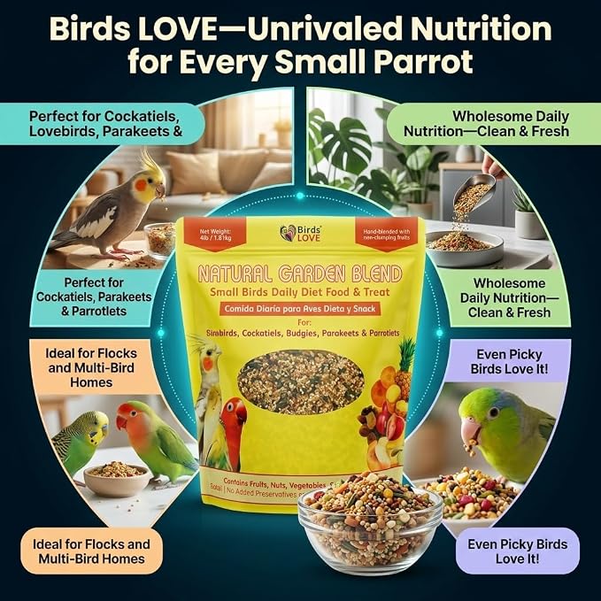 Birds LOVE Natural Garden Blend Bird Food for Small Birds, 4 lb - Hand Packed in USA, Natural Mix with Fruits, Seeds & Grains for Lovebirds, Cockatiels, Budgies & Parakeets