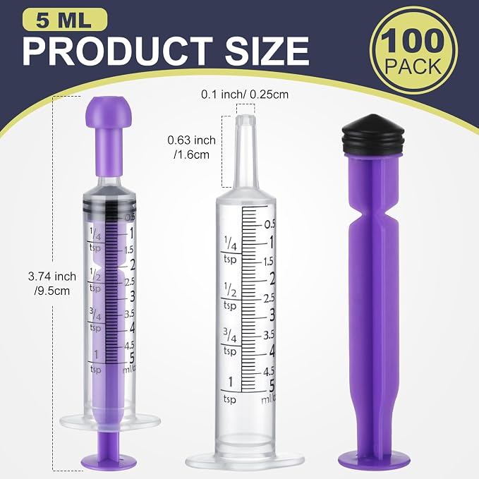 TrelaCo 100 Pieces Plastic Syringe for Liquid with Caps Colored Syringe Without Needle Colorful Measuring Tools Individually Sealed for Pet Feeding, Industrial Scientific Labs, 5 Colors(5 ml)