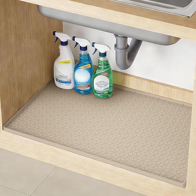 TRZZ Silicone Waterproof Under Sink Mat 28" x 22", Drip Tray and Cabinet Liner for Kitchen and Bathroom, Prevents Water Damage and Organizes Cabinets (Khaki)