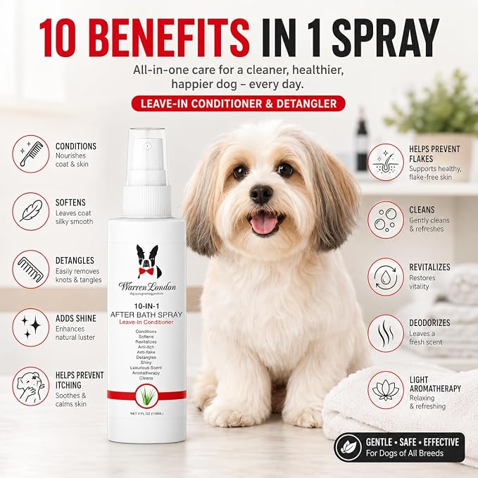 Warren London 10-in-1 After Bath Dog Spray | Leave-in Conditioner & Detangler for Dogs | Aloe Vera, Silk Amino Acids & Green Tea | Fresh Scent | 4oz Travel Size | Made in USA