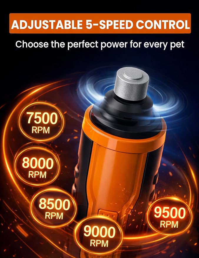 5 Speed Dog Nail Grinder with LCD Display, Rechargeable Low Noise Dog Nail Trimmers with Dual LED Light & Diamond Grinding Wheel, 2000mAh Battery Pet Nail Trimmer for Cats Small, Medium & Large Dogs