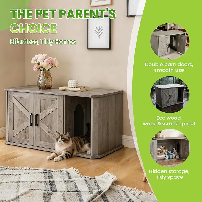 Modern Wooden Cat Litter Box Enclosure, Hidden Washroom Cabinet with Double Doors and Side Entry, Large Cat House End Table, Easy-Clean Sturdy Furniture