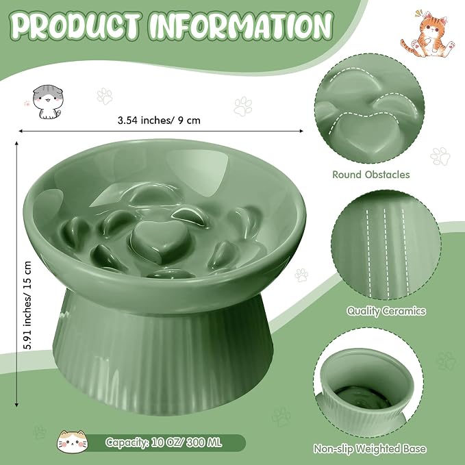 Tioncy 1 Pcs Raised Cat Slow Feeder Bowl Ceramic Elevated Cat Dog Food Bowl No Spill High Edge for Dry Wet Food and Water Easy to Clean, Dishwasher Safe (Sage Green)