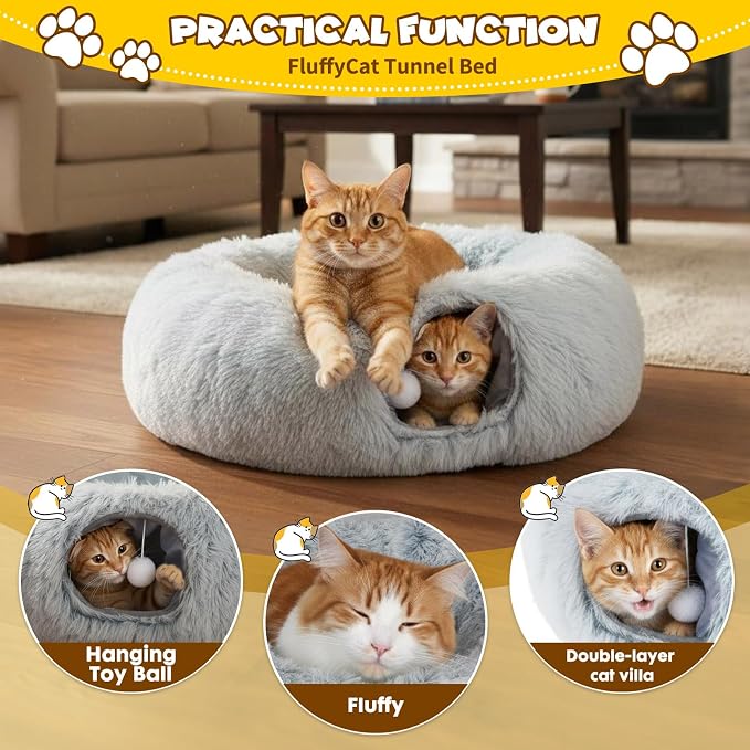 Cat Tunnels for Indoor Cat, Soft Plush Dount Kitty Cave with Peekaboo Hideaway, Under Christmas Tree Cat Toys for Kittens, Rabbits & Ferrets