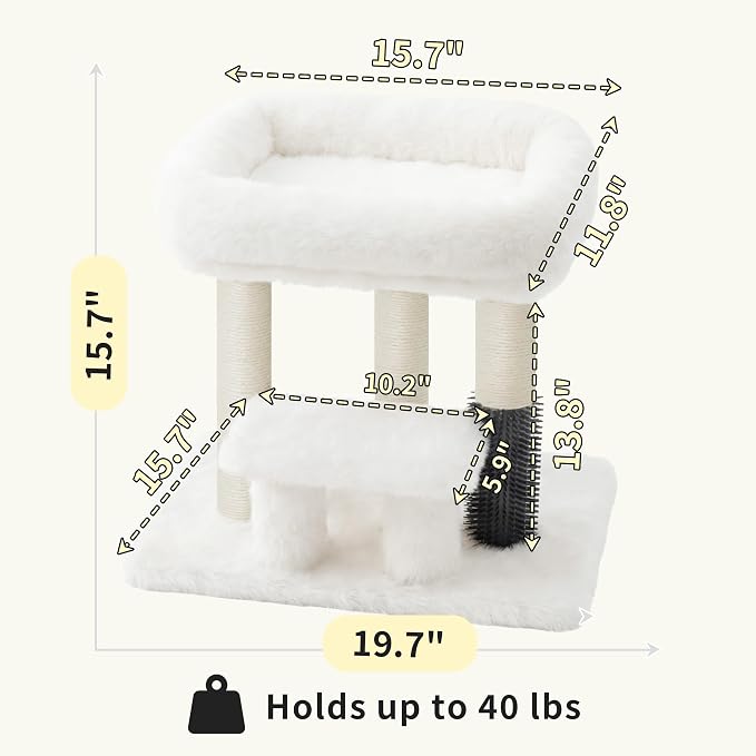 Heybly Cat Scratching Post, Small Cat Tree Tower with 3 Full Sisal Posts, Removable Plush Bed, Grooming Brush, Stable & Space-Saving Cat Furniture with Gentle Step for Indoor Cats, White HSP001SWH
