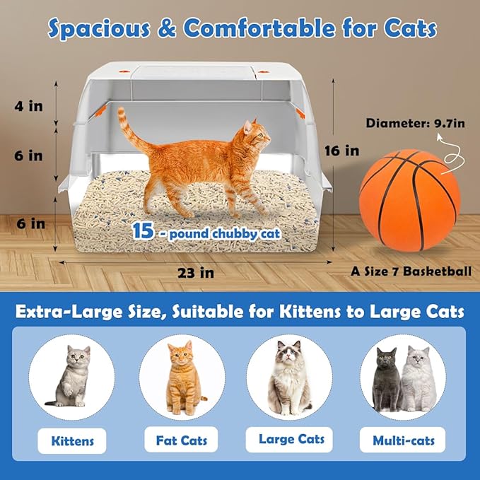SZEE Stainless Steel Litter Box with Lid, Easy to Clean and NO Absorb Odor, Extra Large Litter Box with Open/Enclosed Modes, Includes Litter Scoop, Litter Mat & Trapping Box