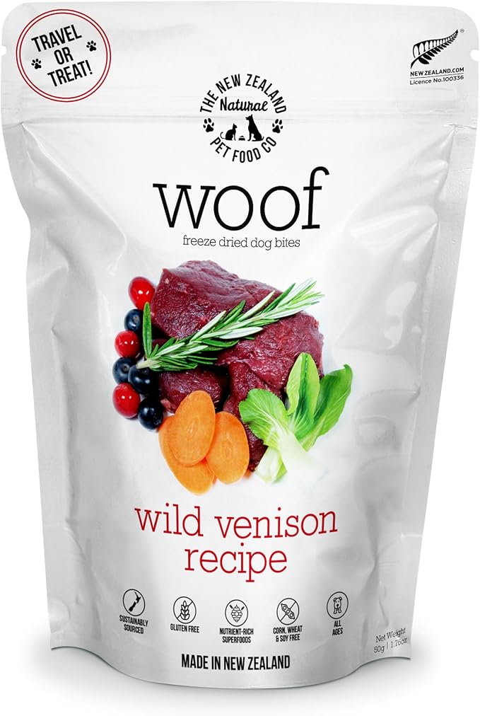 The New Zealand Natural Pet Food Co. Woof Freeze Dried Dog Food - Wild Venison, High Protein, Dog Food Topper & Dog Treats, All Life Stages, 1.76 oz