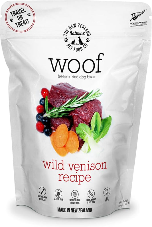 The New Zealand Natural Pet Food Co. Woof Freeze Dried Dog Food - Wild Venison, High Protein, Dog Food Topper & Dog Treats, All Life Stages, 1.76 oz