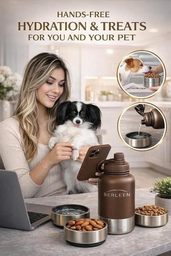 BERLEEN 3-in-1 32 oz Insulated Dog Water Bottle with Magnetic Lid, Bottle with Detachable Stainless Steel Bowls – Portable Travel Water & Food Container for Dogs, Leakproof, Ideal for Walking (Brown)