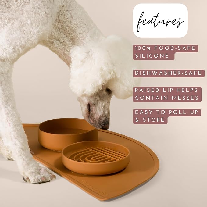 Should We Go? Waterproof Silicone Dog Food Mat – Large Size Non-Slip Pet Bowl Mat, Raised Edge Design, Easy-to-Clean Pet Food Placemat for Dog & Cat Bowls, 28" Across x 14" Deep - Charcoal