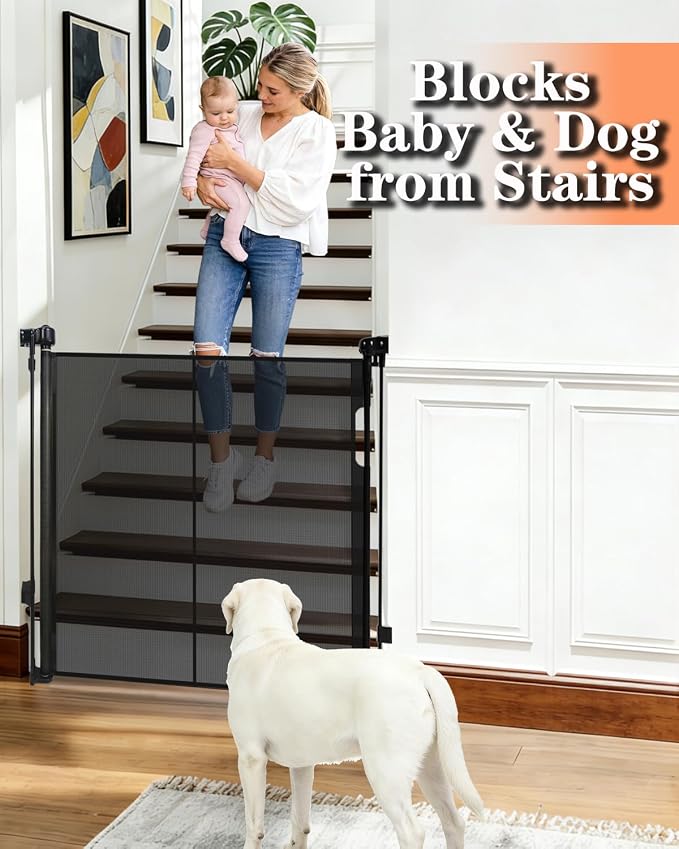 55" Wide Retractable Baby Gate for Stairs, 42" Extra Tall Retractable Dog Pet Gate with Support Rods, Mesh Screen Child Safety Gate for Doorways Hallways Deck Porch, Outdoor Indoor Use