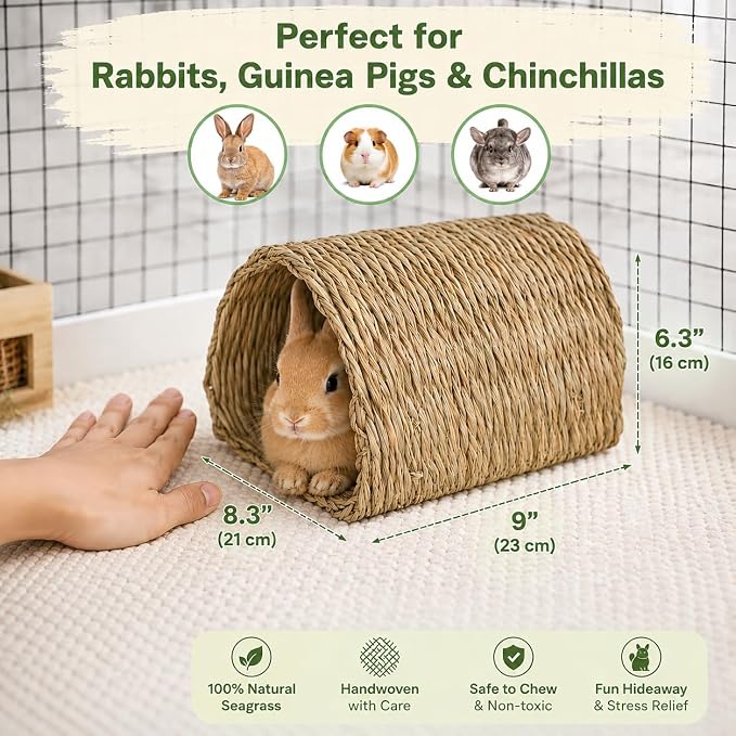 PEMAR Natural Seagrass Bunny Tunnel - Handwoven Rabbit Hideaway & Edible Grass House - Safe Chew Toy, Bed for Guinea Pigs, Chinchillas, Rats & Indoor Bunnies - Small Animal Enrichment (9x8.3x6.3”)