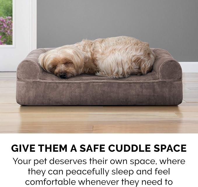 Furhaven Memory Foam Dog Bed for Medium/Small Dogs w/ Removable Bolsters & Washable Cover, For Dogs Up to 35 lbs - Faux Fur & Velvet Sofa - Driftwood Brown, Medium