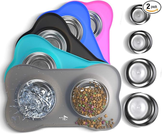 Active Pets Dog Bowl Set, Stainless Steel No Spill Mess-Proof Food & Water Food Bowls with Skid Resistant Silicone Mat, Dog Bowls Small Size Dog, Medium, & Large, Pet Puppy Bowls & Dishes