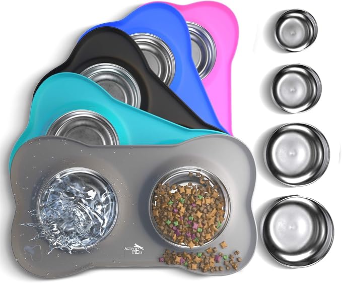 Active Pets Dog Bowl Set, Stainless Steel No Spill Mess-Proof Food & Water Food Bowls with Skid Resistant Silicone Mat, Dog Bowls Small Size Dog, Medium, & Large, Pet Puppy Bowls & Dog Dishes