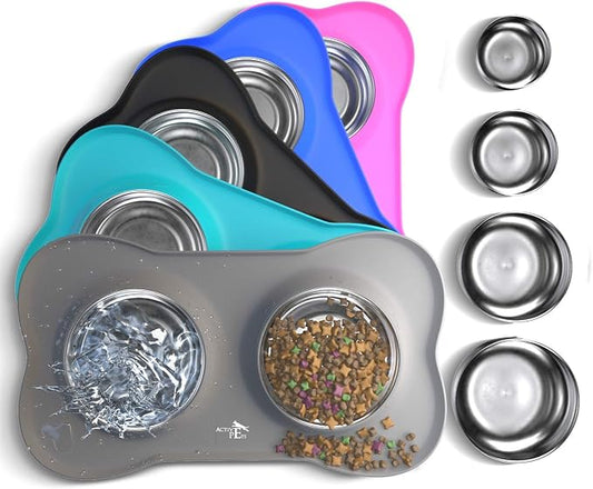Active Pets Dog Bowl Set, Stainless Steel No Spill Mess-Proof Food & Water Food Bowls with Skid Resistant Silicone Mat, Dog Bowls Small Size Dog, Medium, & Large, Pet Puppy Bowls & Dog Dishes