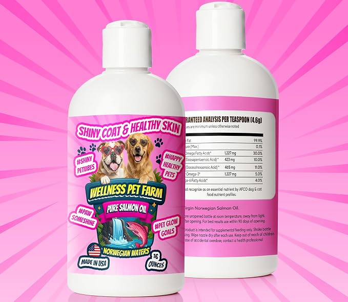 Pure Salmon Oil for Dogs – Omega 3 & 6 Supplement for Shiny Coat, Healthy Skin, Joint & Immune Support, All Breeds, 16 oz