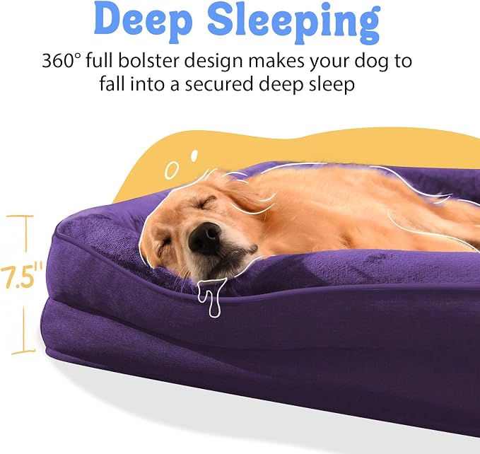 Chez Paw Large Orthopedic Dog Bed for Extra Large Dogs, Waterproof XL Egg-Crate Foam Dog Bed with Removable Washable Cover & Non-Slip Bottom, 4-Sided Bolster Support, Purple 42"x30"x7.5"