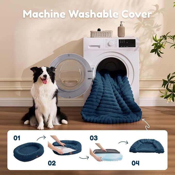 ChiXnuggle Orthopedic Dog Bed for Large Dogs, Waterproof Faux Rabbit Fur Dog Couch with Egg Crate Foam Support and Washable Removable Cover, Bolster Pet Sofa with Non-Slip Bottom, 35x28x7, Navy