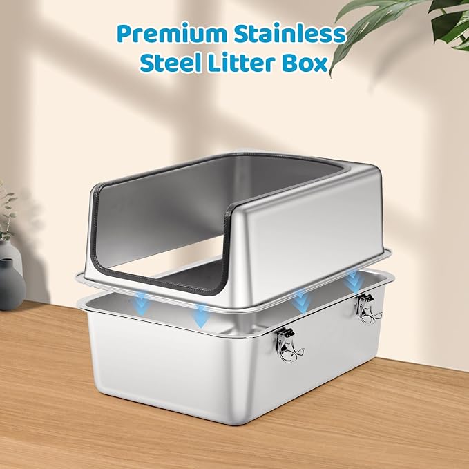 Stainless Steel Cat Litter Box, 19.7" L x 13.8" W x 11.8" H Large Semi Enclosed Removable Metal Litter Tray with High Sided Enclosure, Scoop, Anti-Leakage, Non-Sticky, Easy Cleaning