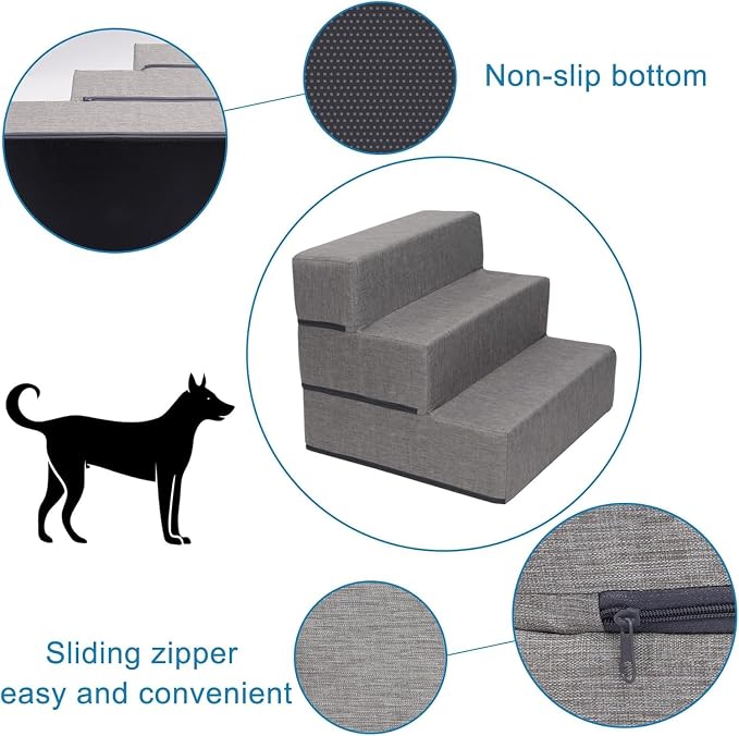 Elevon Dog Stairs for Bed 18" H, 3-Step Dog Steps for High Bed and Couch, Pet Steps for Small Dogs and Cats, Non-Slip Balanced Pet Ramp Indoor, Grey