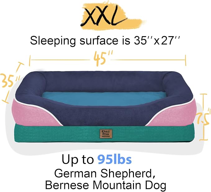 Chez Paw XXL Orthopedic Dog Bed for Extra Large Dogs, Extra Thick Egg-Crate Foam Waterproof Pet Couch with Removable Washable Cover, 4-Sided Bolster & Non-Slip Bottom, Navy Blush 45"x35"x7.5"