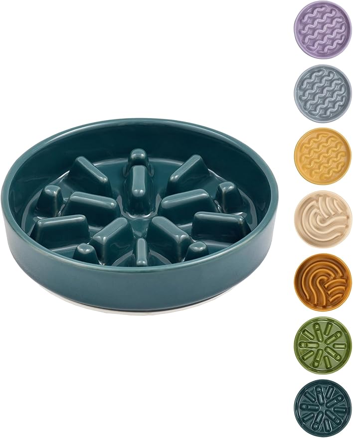 Ceramic Slow Feeder Dog Bowl, Maze Puzzle Non-Slip Silicone Base Stoneware Bowl for Small Medium Dogs, Heavy Duty Anti-Bloat Dog Food Bowl Dishwasher Safe – Blue, Medium