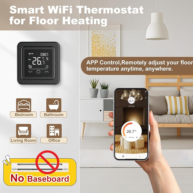 HEATIT Programmable Thermostat, WiFi Smart Thermostat for Electric Radiant Floor Heating with Touchscreen, 85V-265V Wide Voltage Range, Dual Sensing, Black