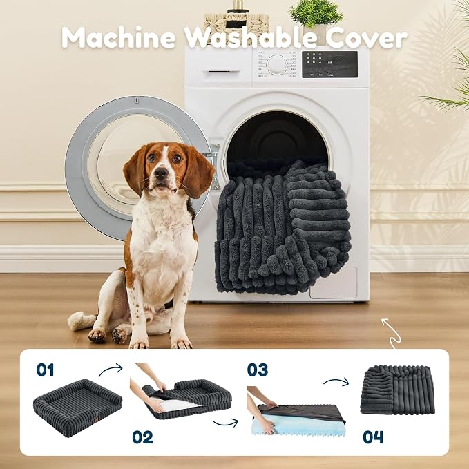 Orthopedic Dog Bed for Large Dogs, Washable Dog Bed with Faux Rabbit Fur Waterproof Cover, High Density Egg Crate Foam Support with 3-Sided Bolsters for Senior Dogs, Non-Skid Bottom,35x28x7, Dark Grey
