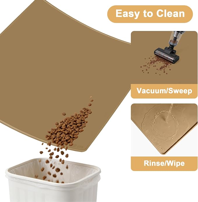 KVK Extra Extra Large Silicone Dog Food Mat 39.4×43.3in and 128oz Silicone Bag Set, Super Size Waterproof Pet Feeding Mat & Container, Non-Slip, Chew-Resistant Floor Protection (Taupe&Orange)