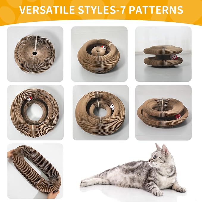 Magic Organ Cat Toy, Foldable & Reversible Accordion Scratching Board with Ball, Interactive Cardboard Cat Toy for Indoor Cats & Kittens, 2 Pack