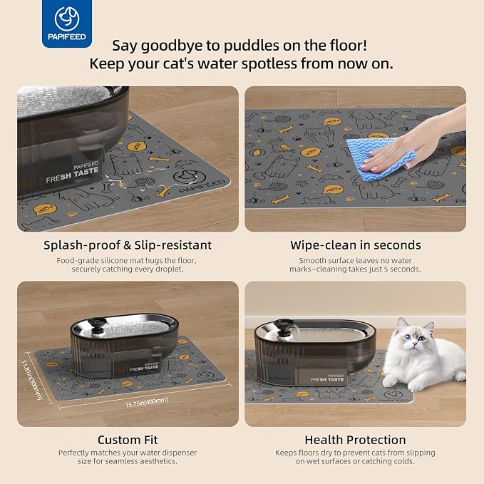 PAPIFEED Cat Water Fountain Stainless Steel with a Silicone Mat, 84oz/2.5L Automatic Pet Fountain with Water Level Window and LED Light, Quiet Low Power Cat Water Bowl & Cat Water Dispenser(Black)